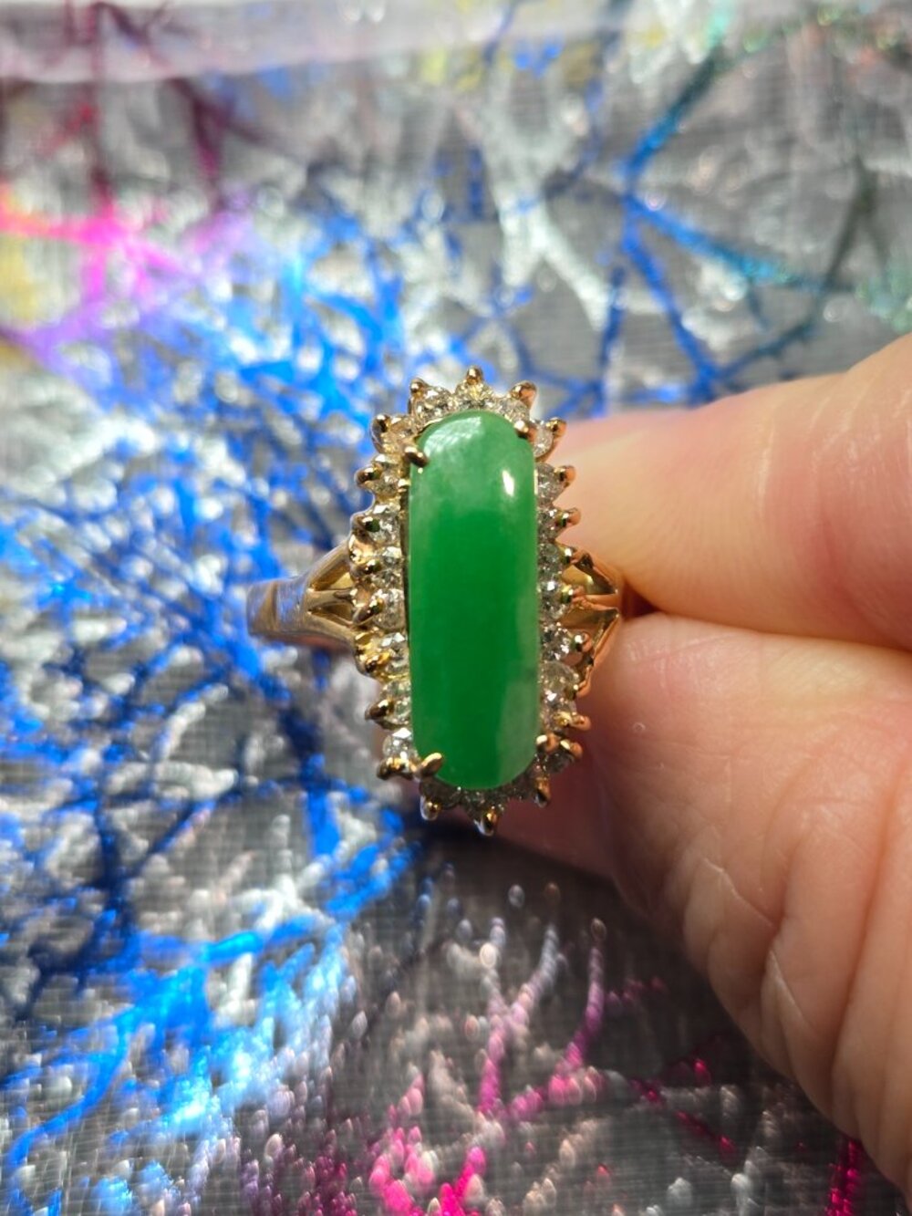 Vintage Jade Diamond Halo Ring | 14K Gold | Size 5.5